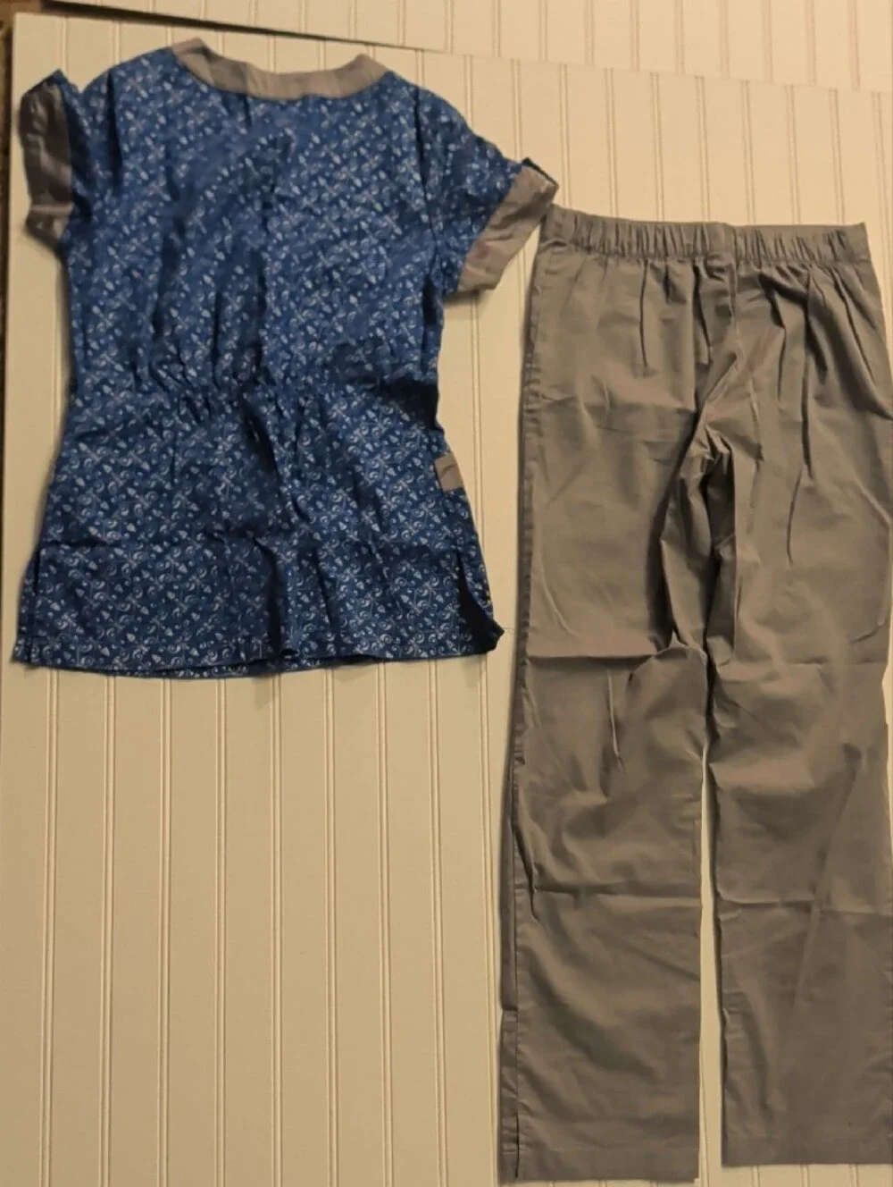 Rampage Blue Printed Scrub Top with Gray Trim and Gray Straight-Leg Pants